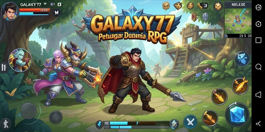 Tangkapan layar gameplay GALAXY77 dengan karakter bertarung di dunia fantasi.