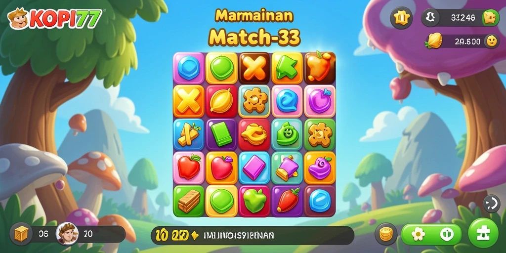 Tampilan gameplay KOPI77 yang menarik dan penuh warna dengan elemen Match-3.