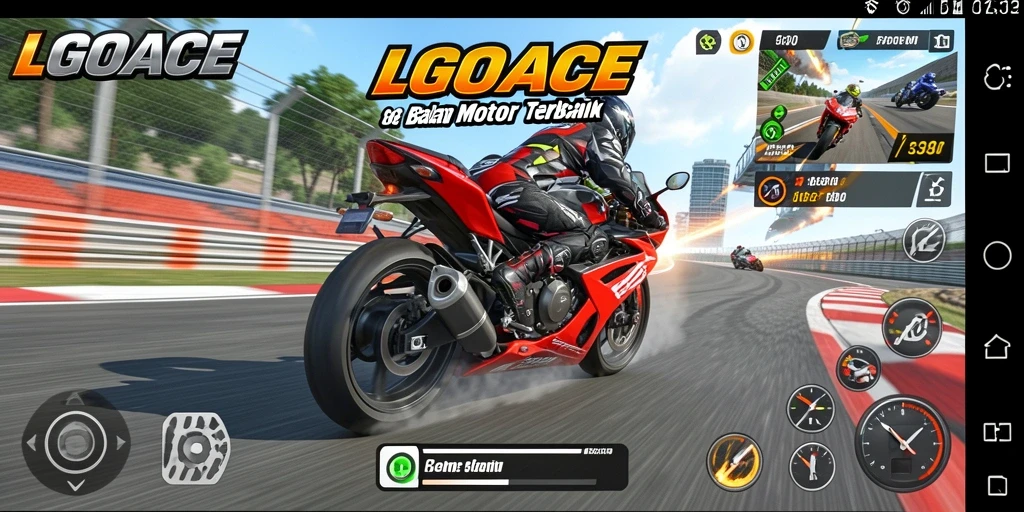 Screenshot gameplay LGOACE menunjukkan balapan motor yang mendebarkan dan dinamis.