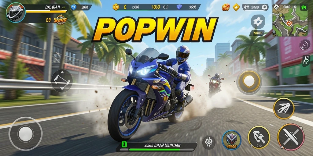 Tangkapan layar utama <strong>POPWIN</strong> menunjukkan aksi balapan motor yang intens.